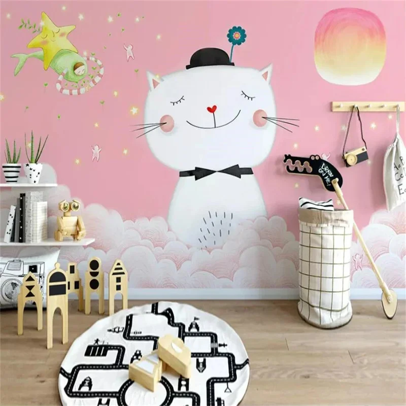 Custom wallpaper 3d mural Nordic Minimalistic Kitty Child Room hand-painted cartoon cloud starry king children's room wallpapers