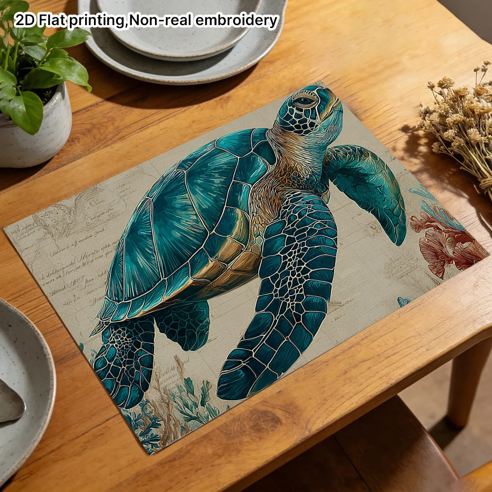 Ocean Turtle Starfish Coral Design Square Place Mats, Holiday Dining Mat, Restaurant Table Accent, Home Kitchen Accent