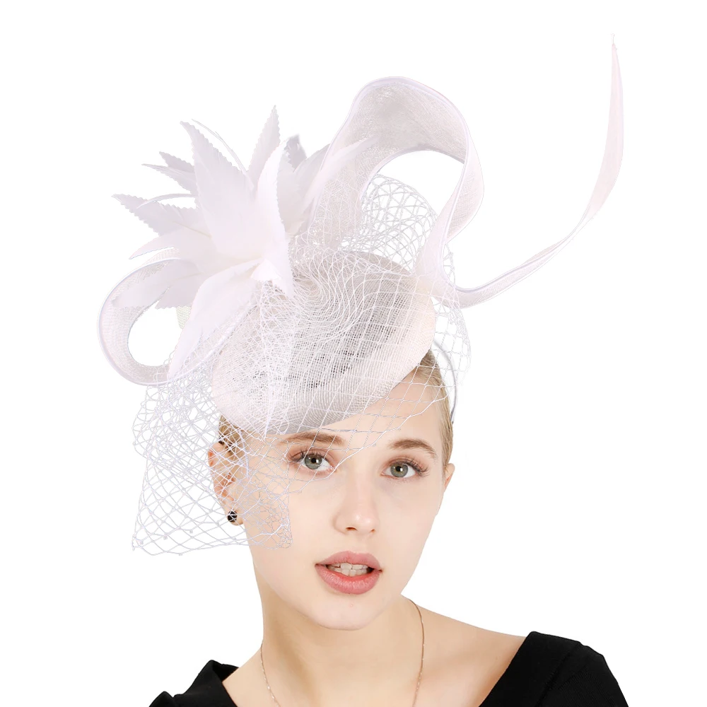 Ladies Millinery Headpieces Fancy White Sinamay Women Elegant Fascinators Feathers Hat For Party Tea Royal Race Hair Accessories