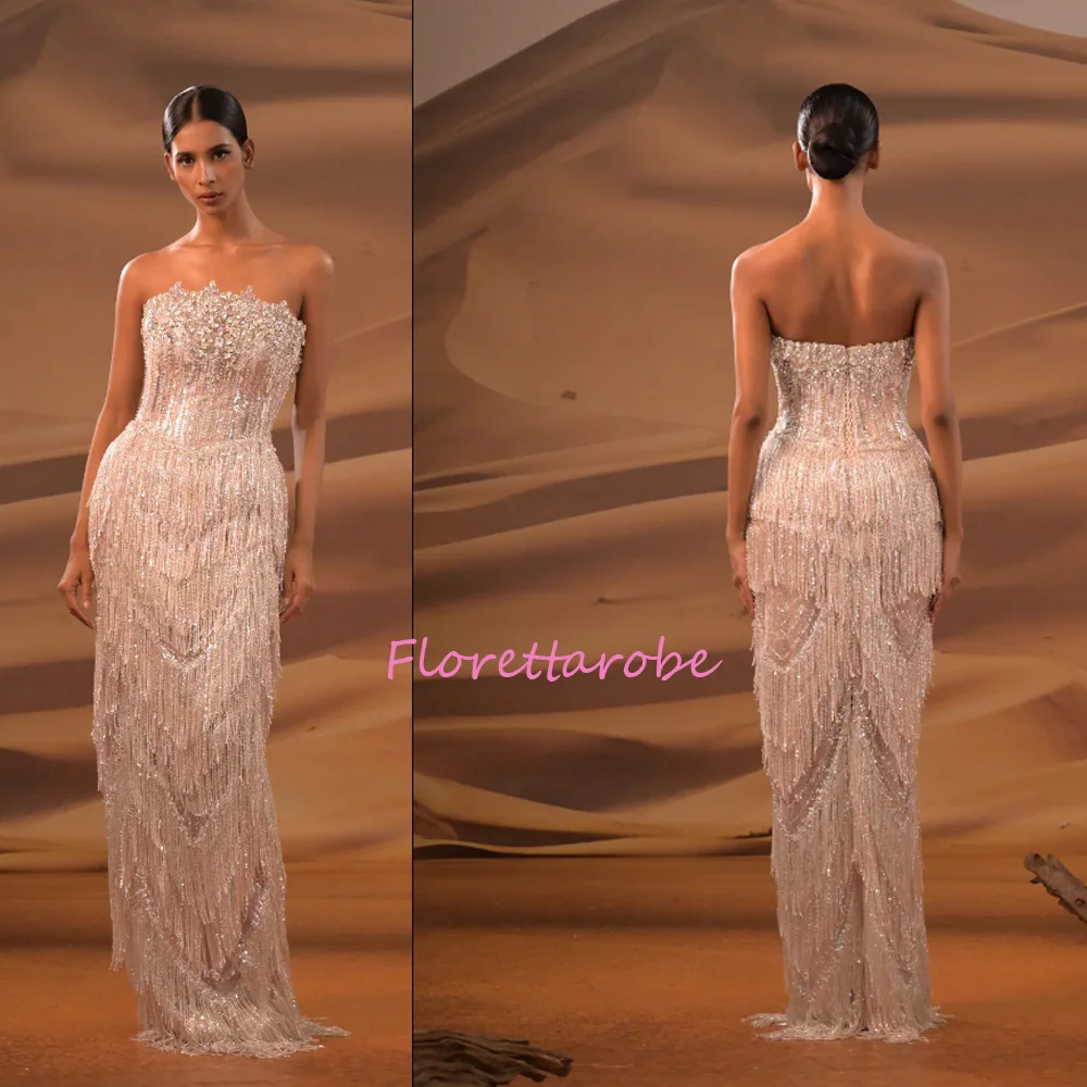 

Luxurious Mermaid Women's Evening Dresses Customized Sleeveless Beaded Prom Gowns Party Tassel Party Vestidos Para Mujer