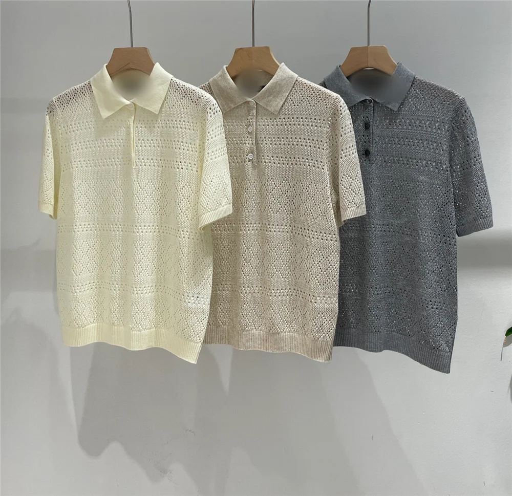 

Summer New Women's Collared OPenwork Cotton-Linen Blend Short-Sleeve Knit Top