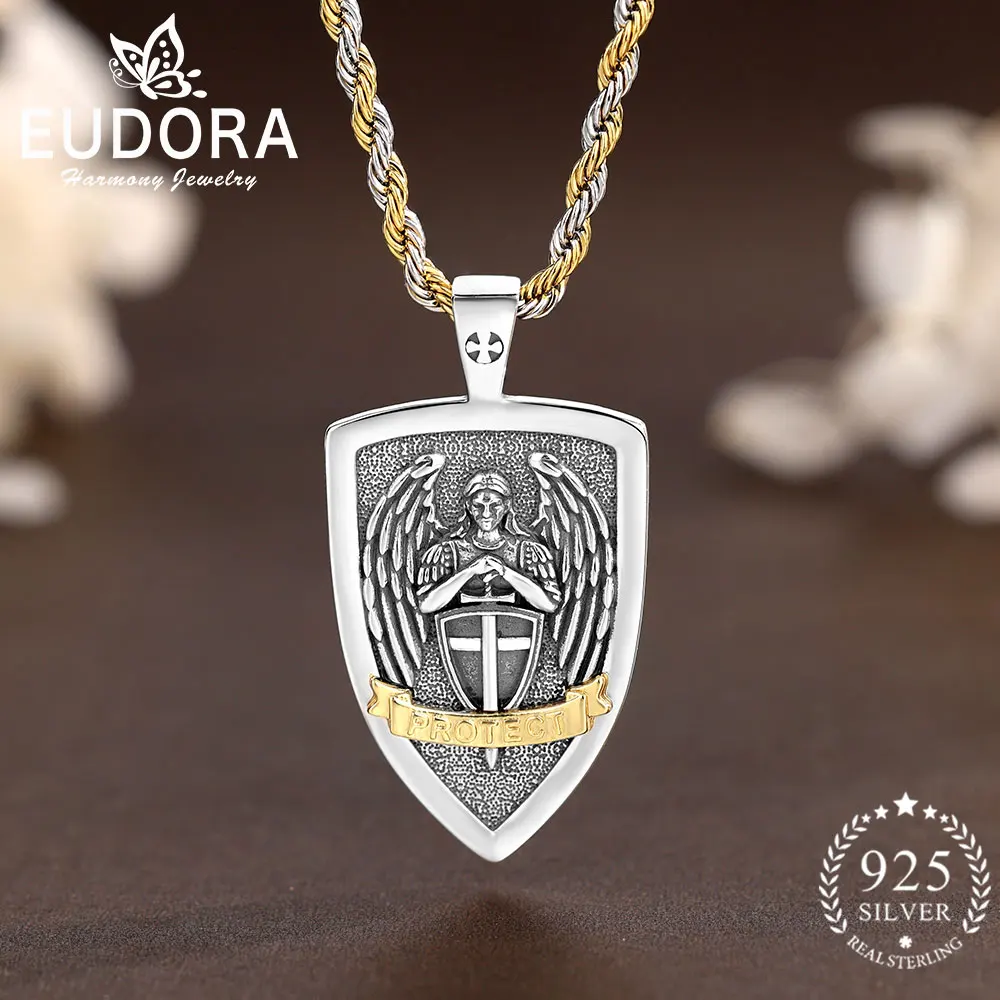 Eudora Saint Michael Necklace 925 Sterling Silver Shield Cross Archangel Pendant Religious Protection Jewelry Festival Gift