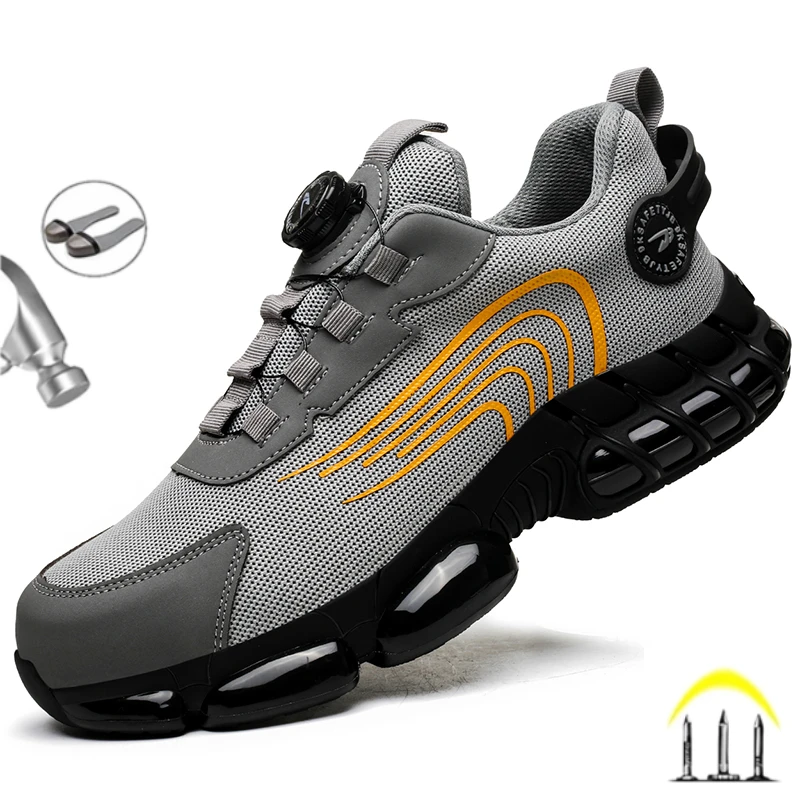 

New Fashion Men Work Safety Shoes Sneakers Rotating Button Indestructible Puncture-Proof Protective Anti Shock Male Boots