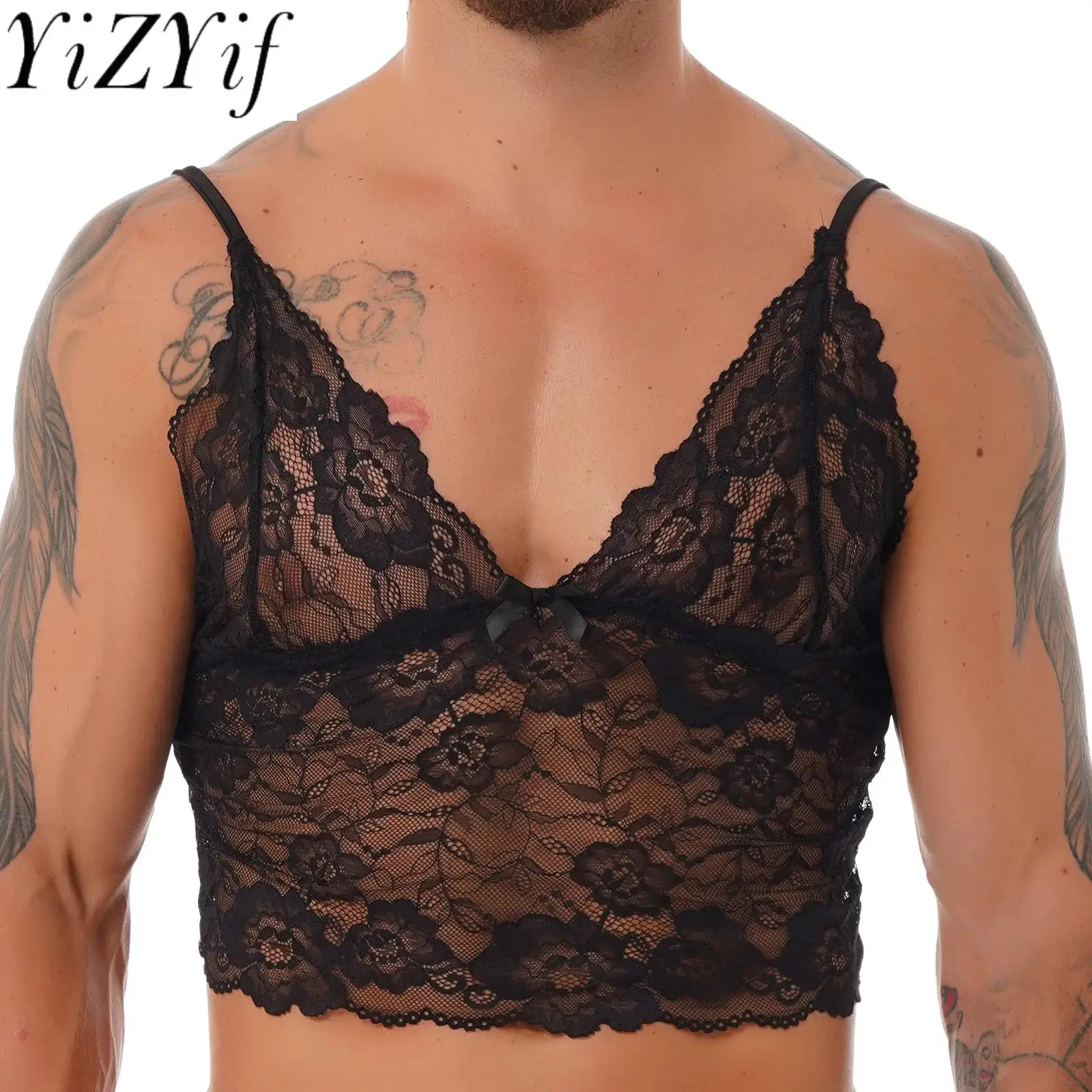 

Sexy Erotic Lingerie Mens Sissy Lace See Through Tank Top Adjustable Straps Deep V Neck Black Camisole Vest Crop Top Nightwear