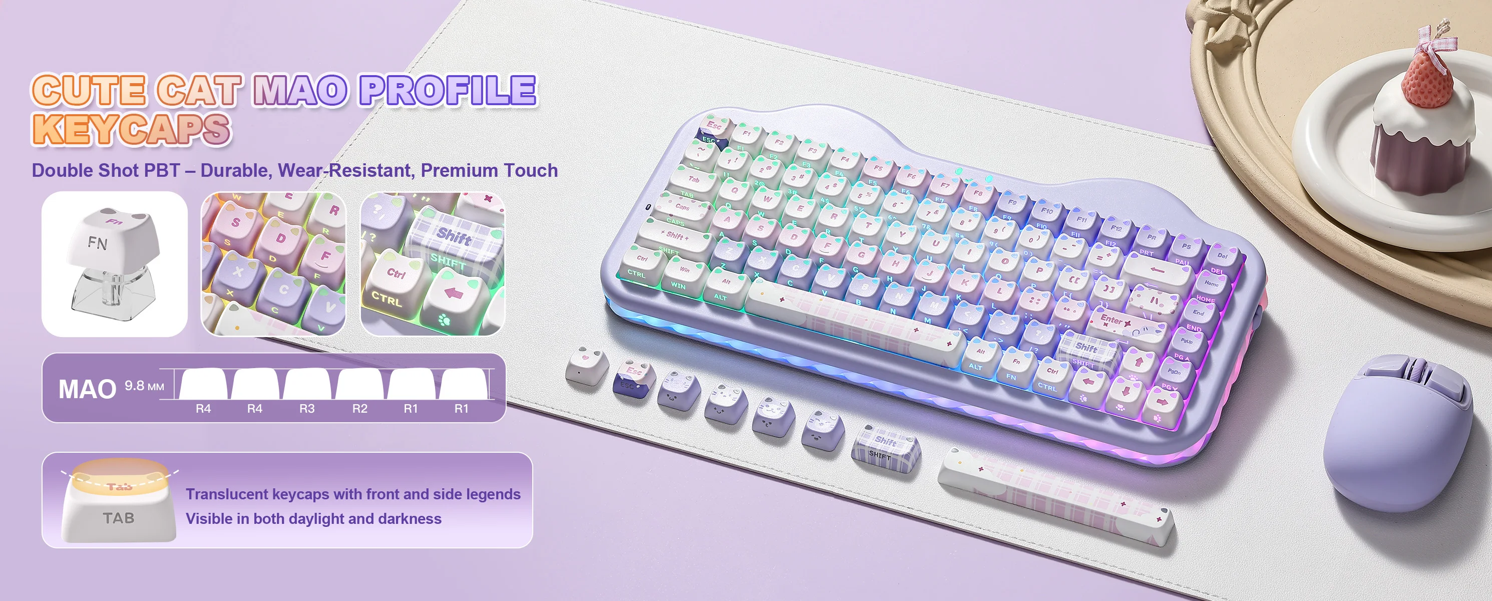 YUNZII C75 MAO Edition Mechanical Keyboard,Cute Ear Translucent Keycap,Wireless 75% NKRO Keyboards,RGB Cake Design for Win/Mac