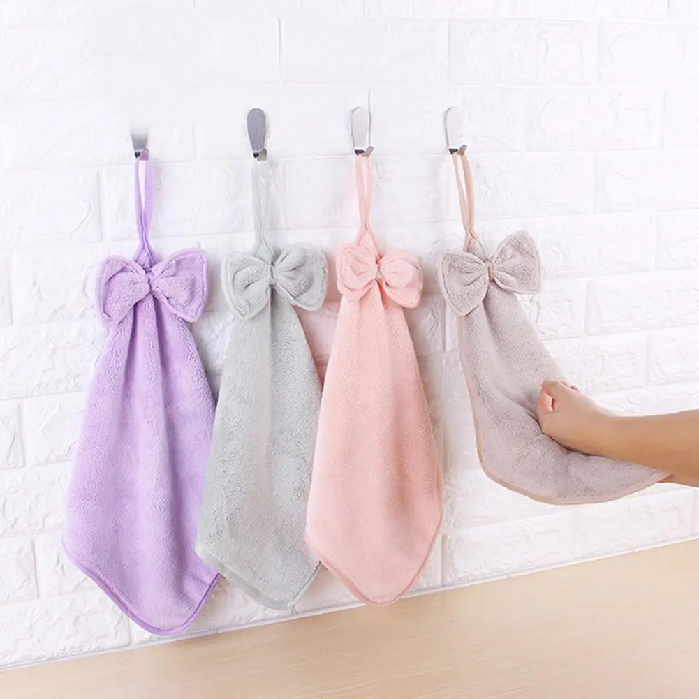 Bowknot Hand Towel Lanyard Design Microfiber Delicate Washing Kitchen Towel Bathroom Accessories