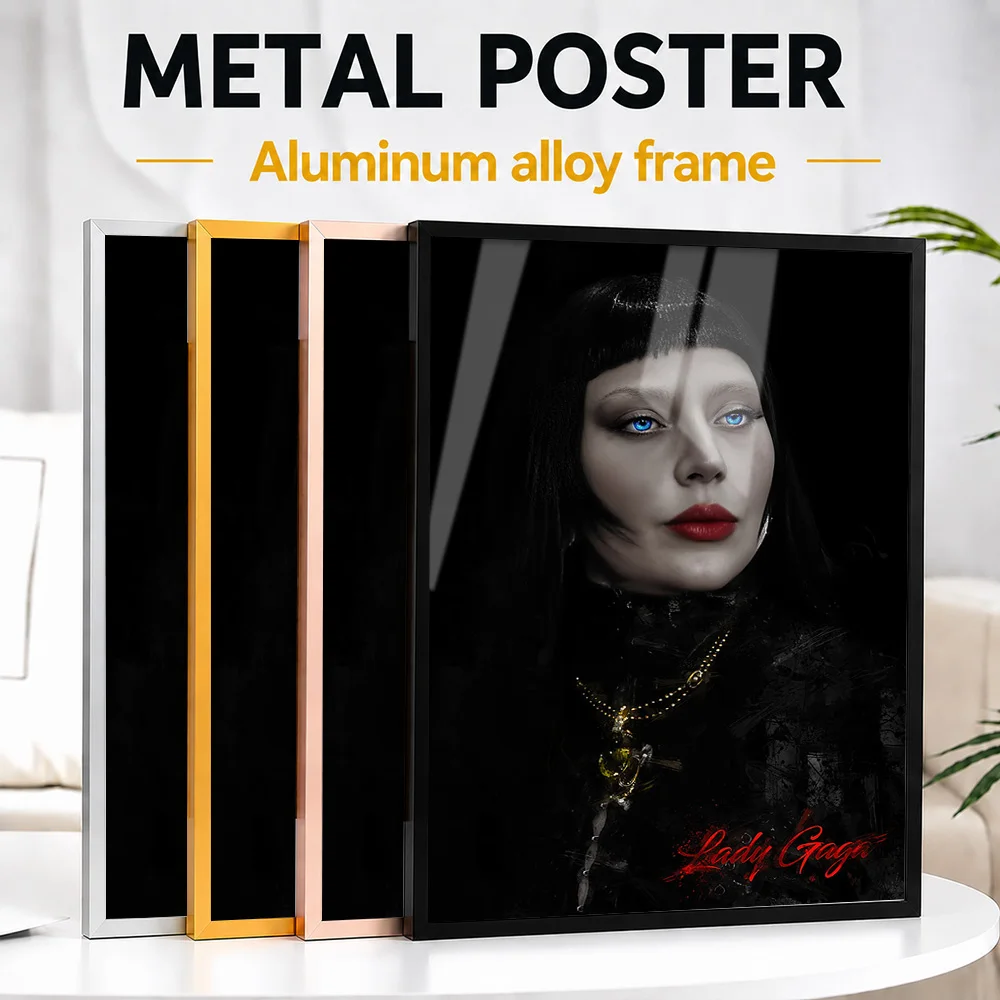Lady Gaga Portrait With Blue Eyes Framed Metal Print Personalized Photographic Wall Art For Listening Lounge And Home Studio