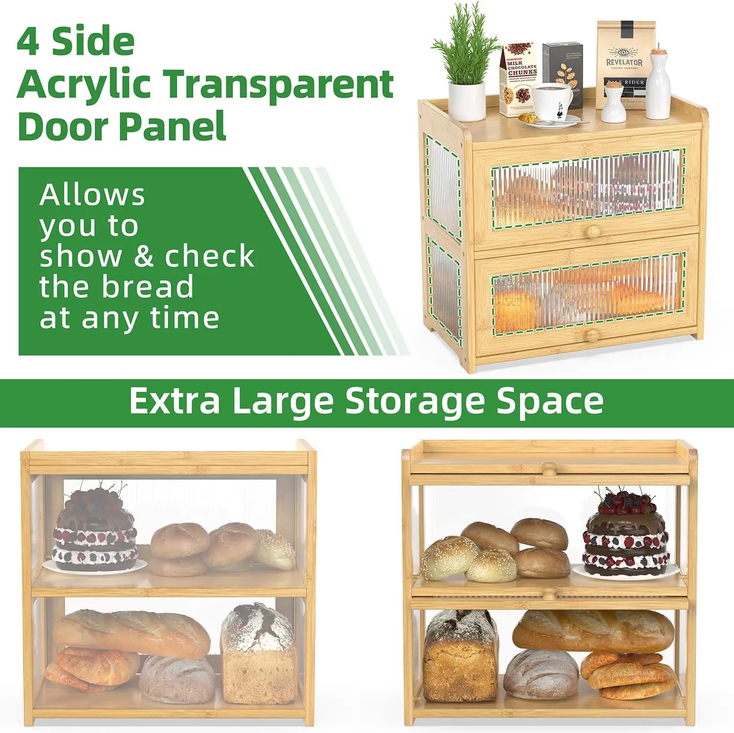 

Extra Large Bamboo Bread Box for Kitchen Counter, Double Layer Bread Farmhouse Bread Box with 4 Sides Transparency,Natural