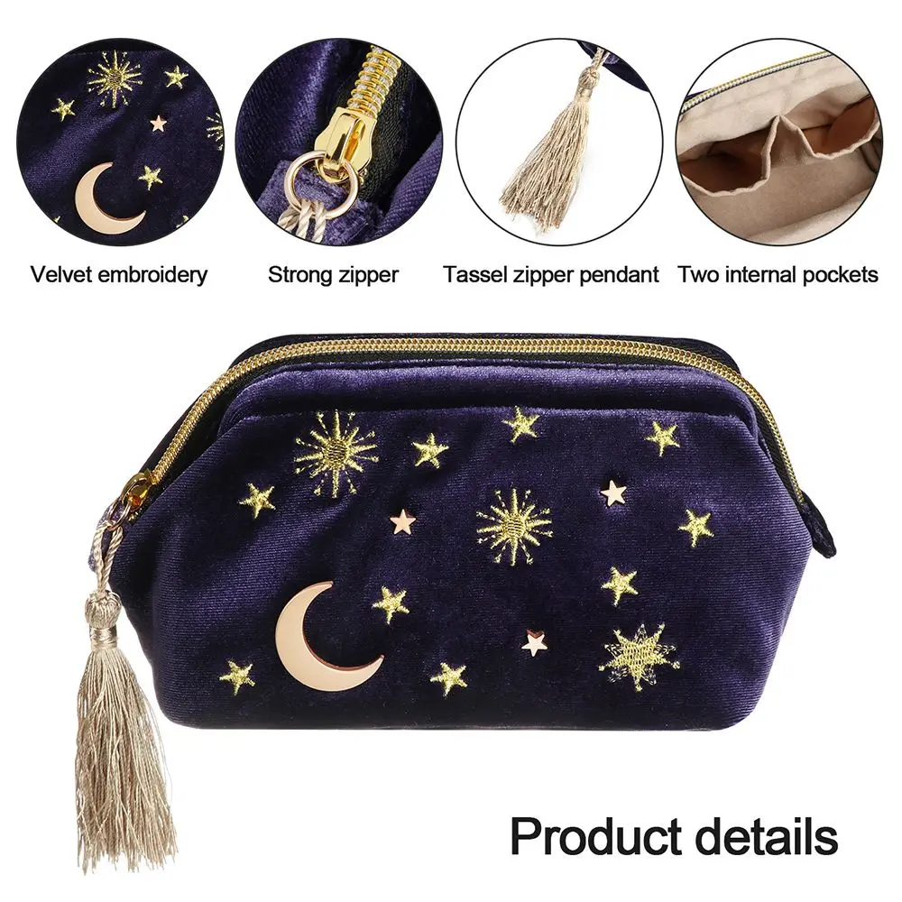 Embroidered Velvet Cosmetic Bag Star Moon Pattern Portable Make Up Bag Travel Organizing Brush Pouch for Women and Girl