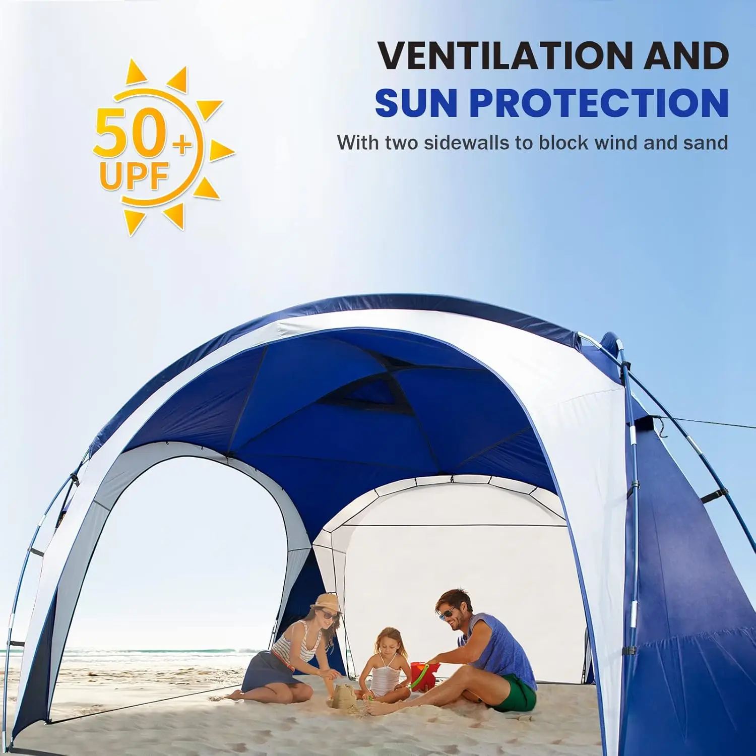 Large Beach Canopy Tent UPF 50+ 12x12 ft Waterproof & Rainproof Dome Sun Shelter for 8-10 Person with 2 Side Walls