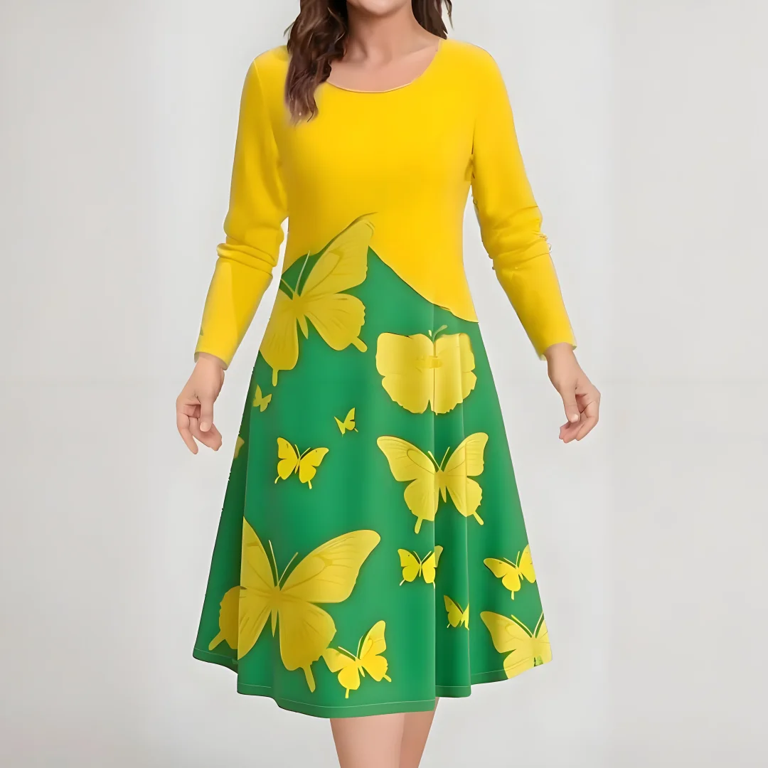 

2025 New Autumn Elegant Women's Midi Dress Round Neck Long Sleeve Design Butterfly Pattern Fashion Women's Clothing