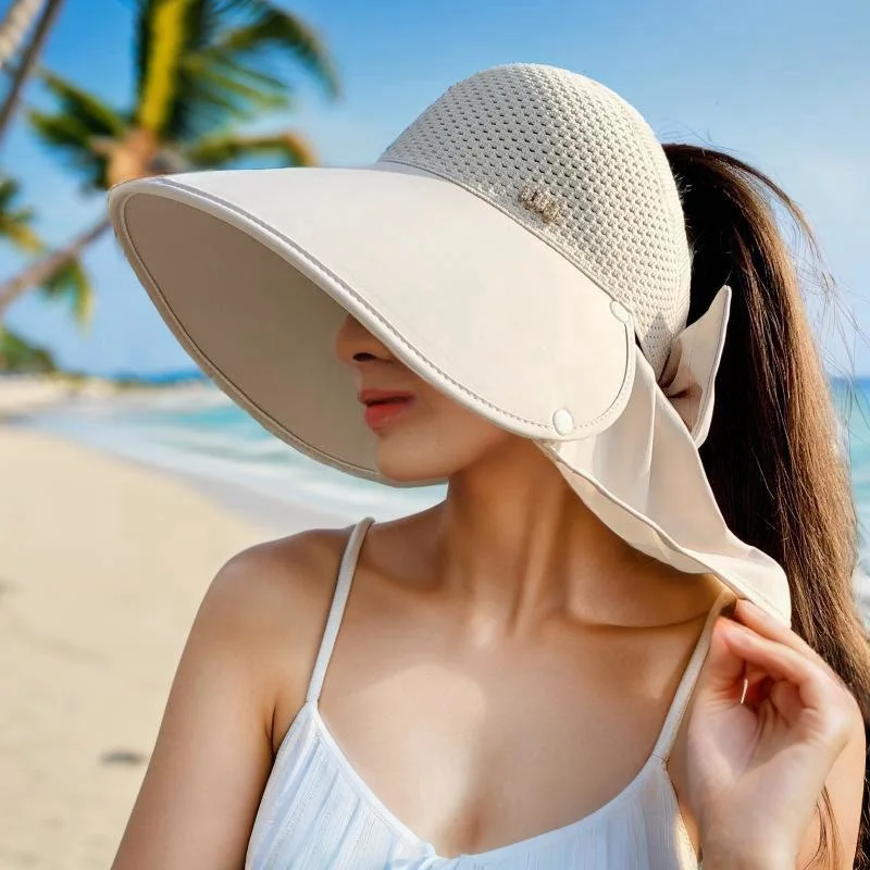 summer sun hat female sunscreen UV face protection neck protection outdoor cycling mountaineering large brim hollow hat