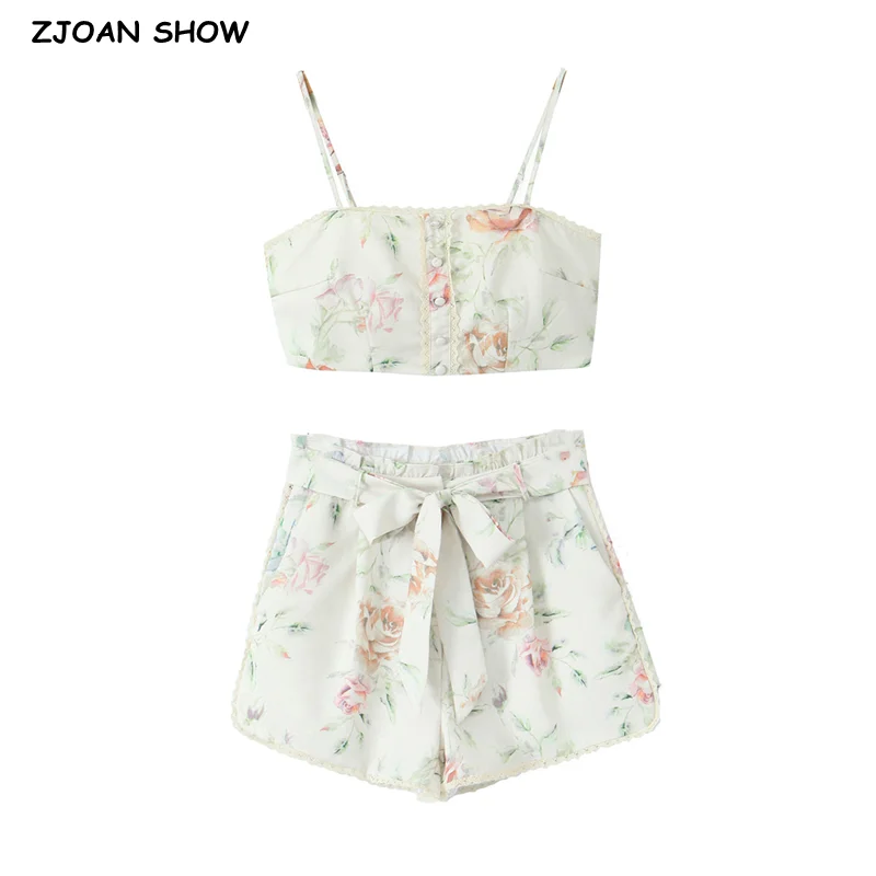 2 pieces 1 set 2024 Holiday Spliced Lace Flower Print Slash Collar Camis Women Cropped Tank Top + Tie Bow Sashes Waist Shorts