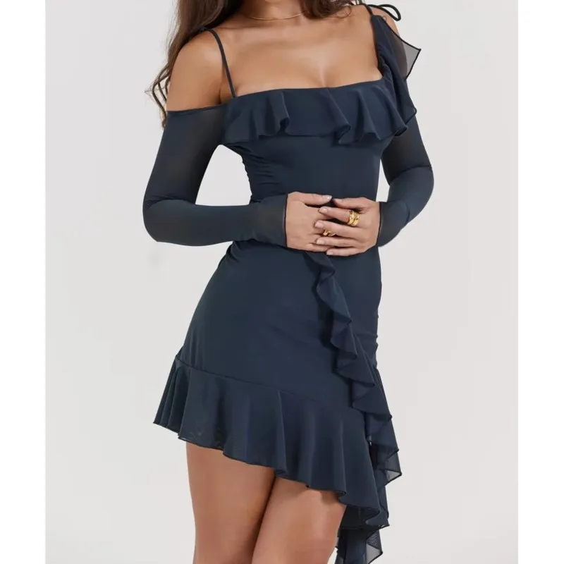 2023 Sexy Irregular Wood ears Slash Collar Off Shoulder Full Sleeve Mesh Dress Women Ruffles Asymmetric Hem Mini Party Robe