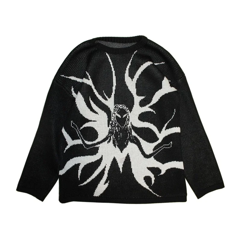 Ecological Tree Print Black Grey Pullover Knitwear Y2k Damaged Tear New European and American Sweater Harajuku for Men and Women