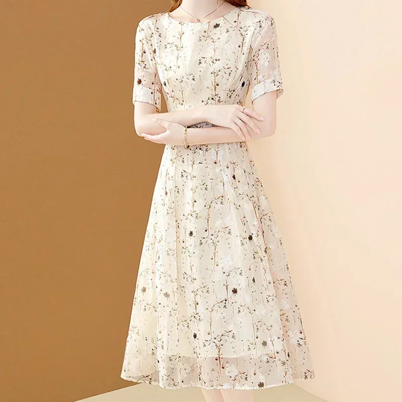 

2025New Chic Floral Printing Women Chiffon Dress O-Neck Elegant Apricot Office A-LINE Dresses Fairy for Women Slim Party Vestido