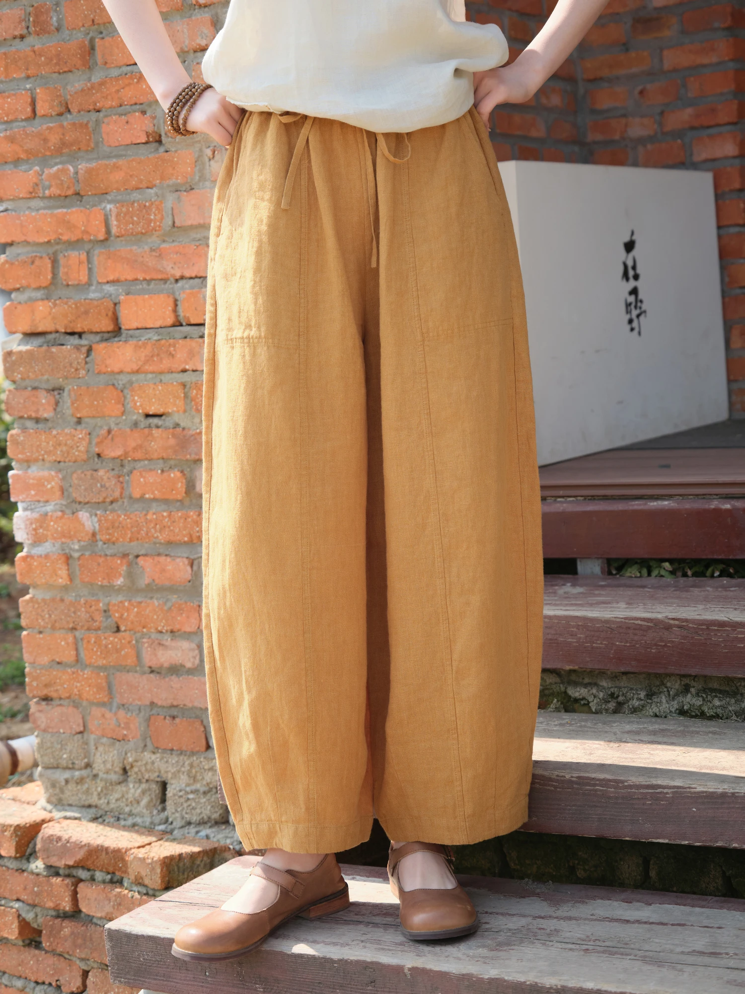 

Wangcheng A1242 Pastoral Style Spring New Loose Fit Trousers with Belt Nine Points Linen Pants for Small Stature Women