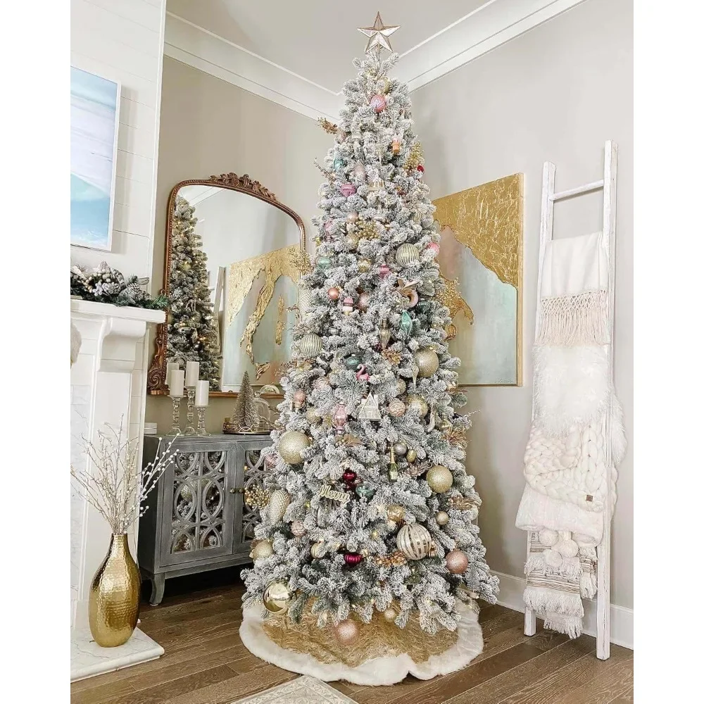 9ft Artificial Christmas Tree Unlit, Skinny Flocked Christmas Trees with Metal Stand, Hinged Thin Xmas Tree