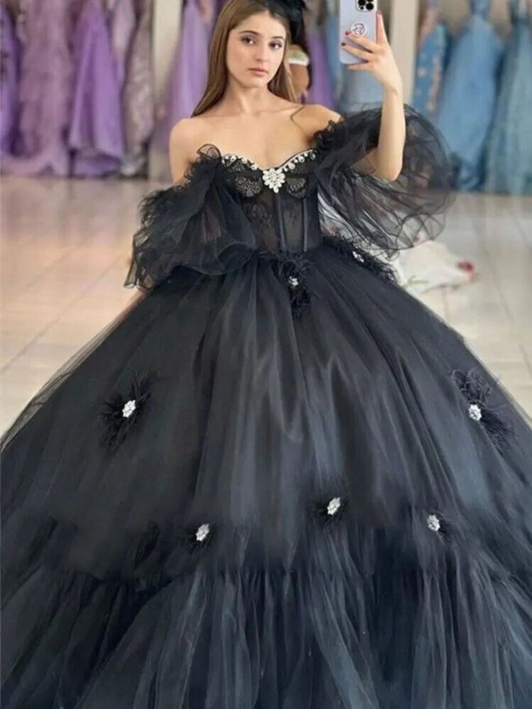 Erstaunliche schwarze quincenrara kleider mexico vestidos de 15 años quinceañeras 3d floral xv brithday party kleid süßes 16 kleid