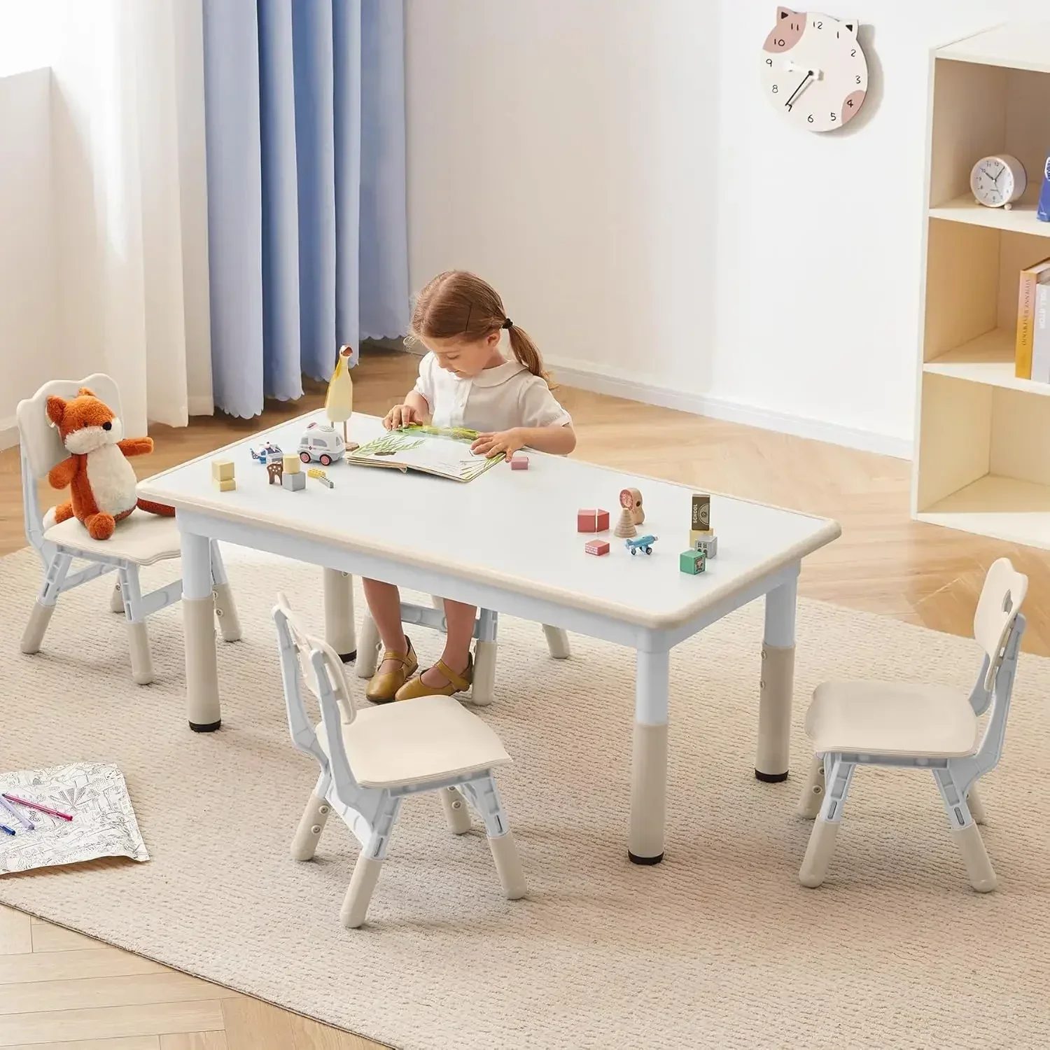 Kids Study Table and Chairs Set, Height Adjustable Toddler Table and Chair Set for Kids Ages 3-8, Graffiti Desktop Burlywood - 1