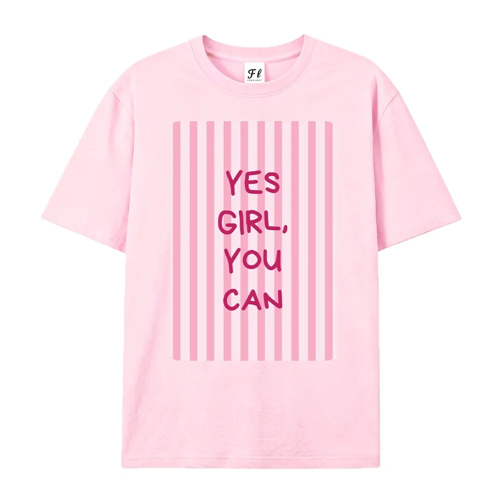 Women T Shirt Yes Girl You Can Pink Striped Inspirational Short Sleeve Casual Gift Top