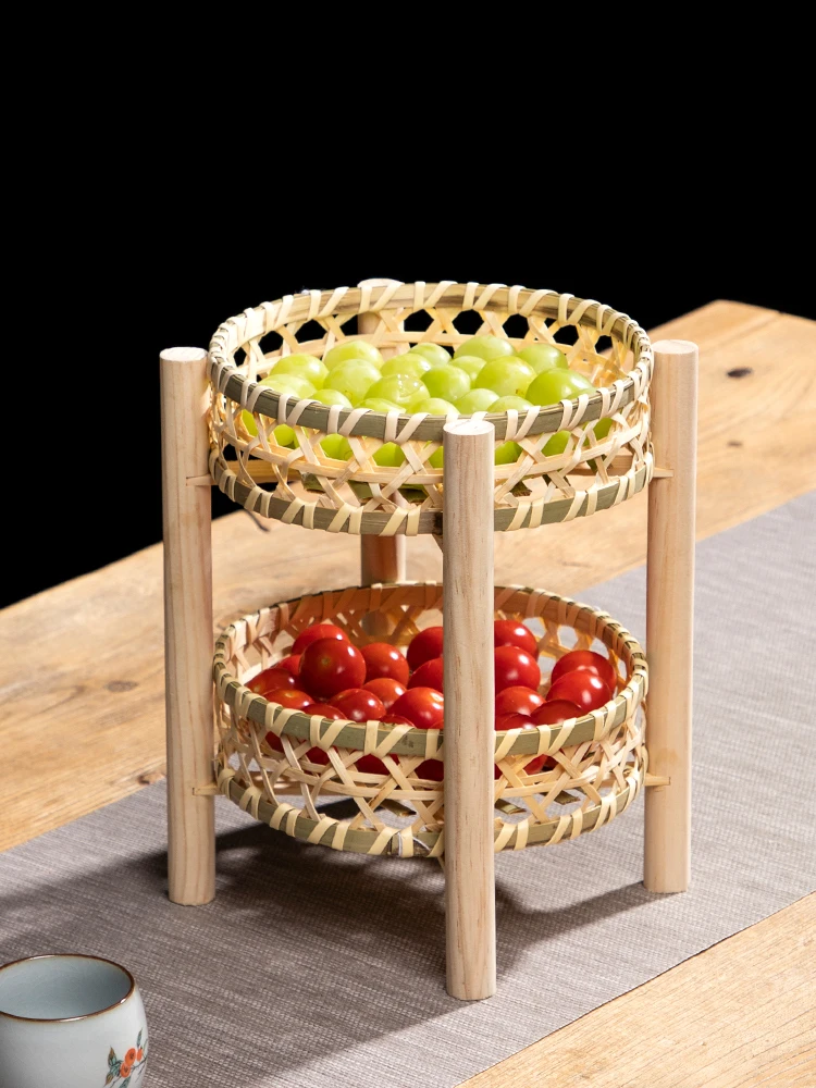 Bamboo Fruit Basket, Double Layer, Small Fruit Tray, Pastry Plate, Tea Cake Tray, Dim sum Plate, Storage Decoration Woven