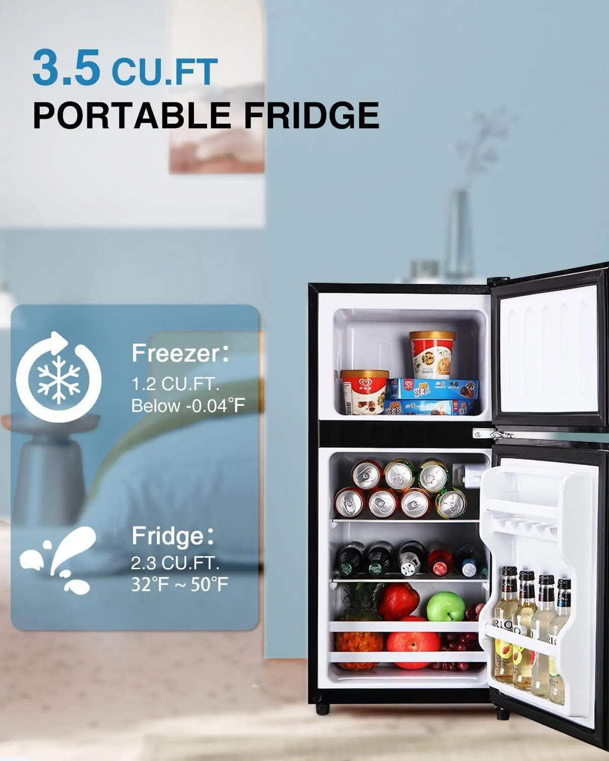 Compact Refrigerator, Energy efficient mini fridge with freezer, double doors, 7-level thermostat for small spaces,