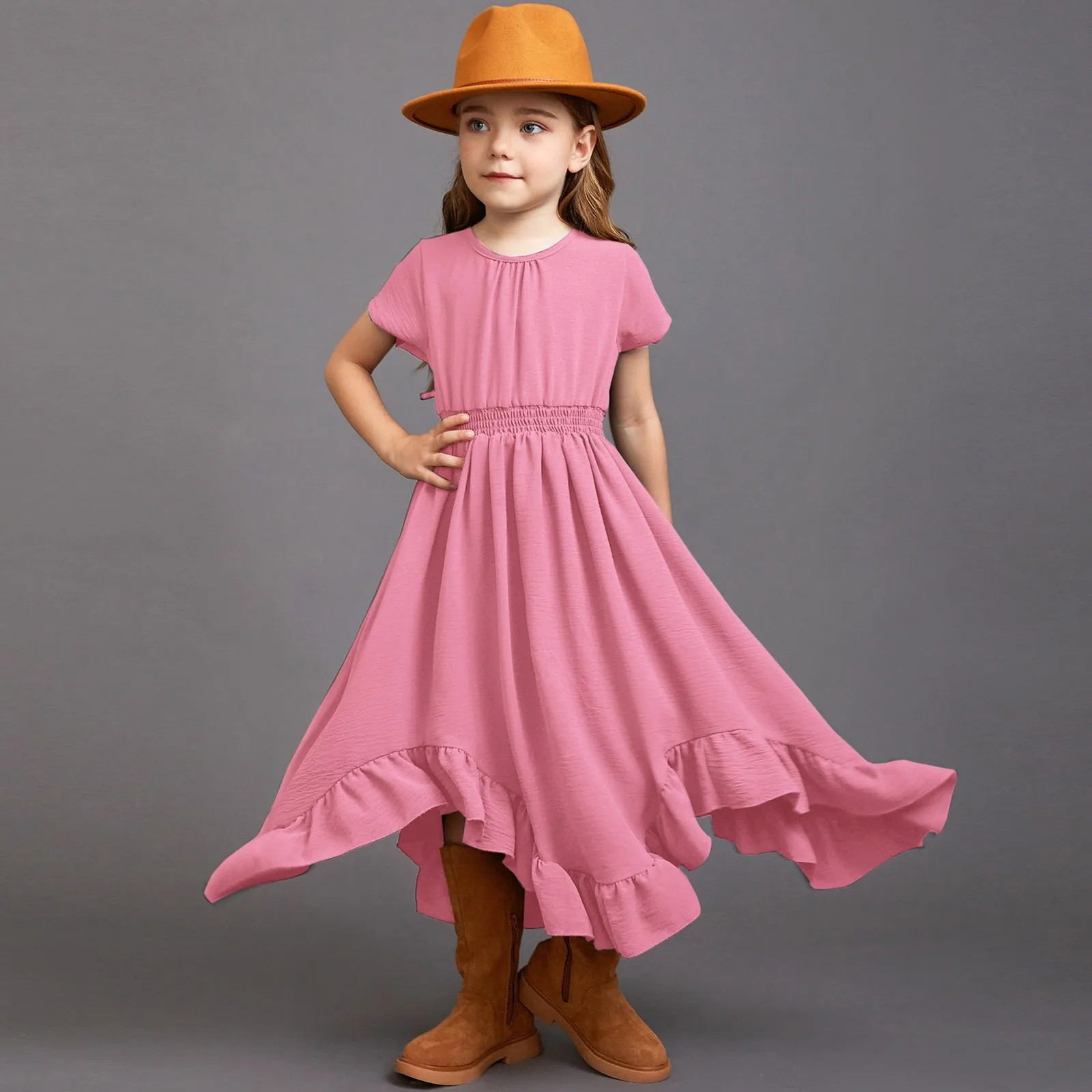 

Princess Teens Girls Party Long Dresses Kids Girls Short Sleeve Solid Ruffles Dress Children Clothing For 5-13Years Old Girls