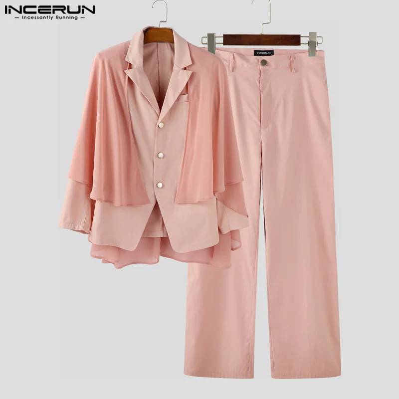 INCERUN Men Sets Patchwork Lapel Long Sleeve Irregular Blazer & Pants 2PCS Streetwear Elegant Fashion Casual Men's Suits S-5XL