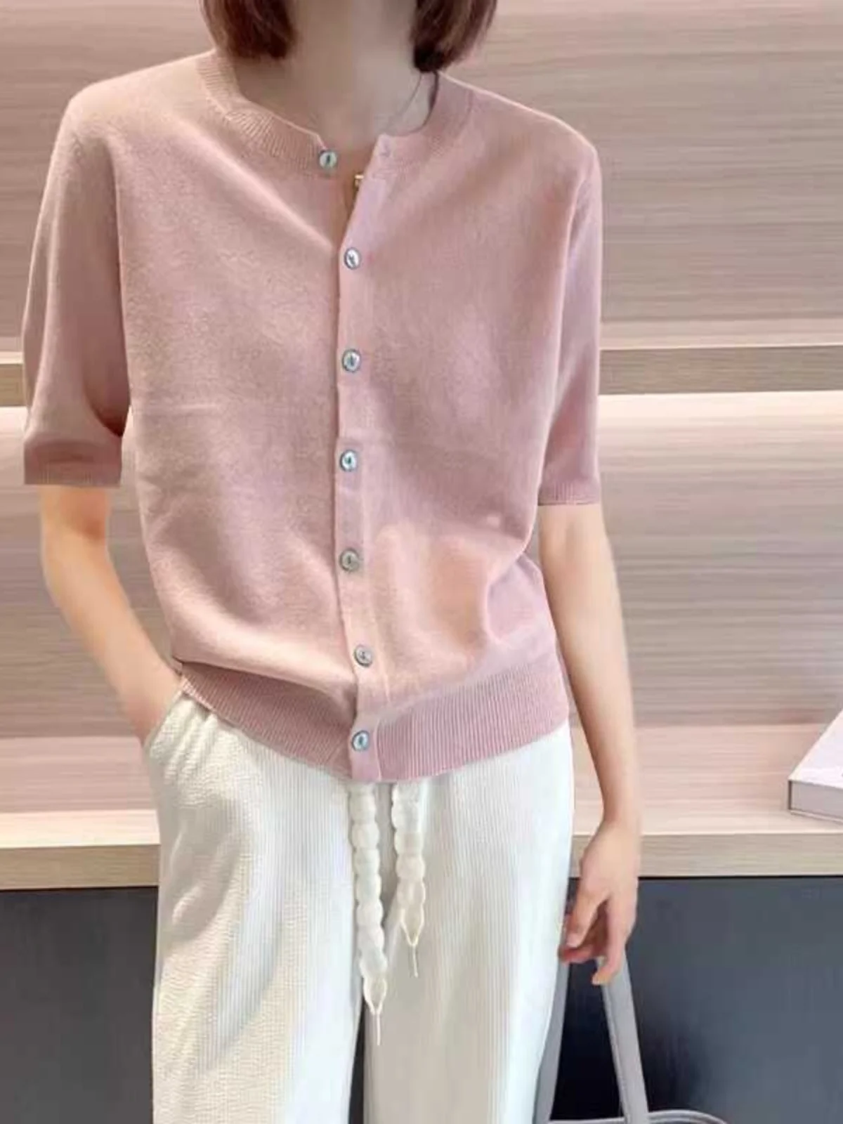 Korean Style Knitted Ice Silk Short Sleeve Open Cardigan Slimming Casual Summer Top round Neck Base Shirt for Women