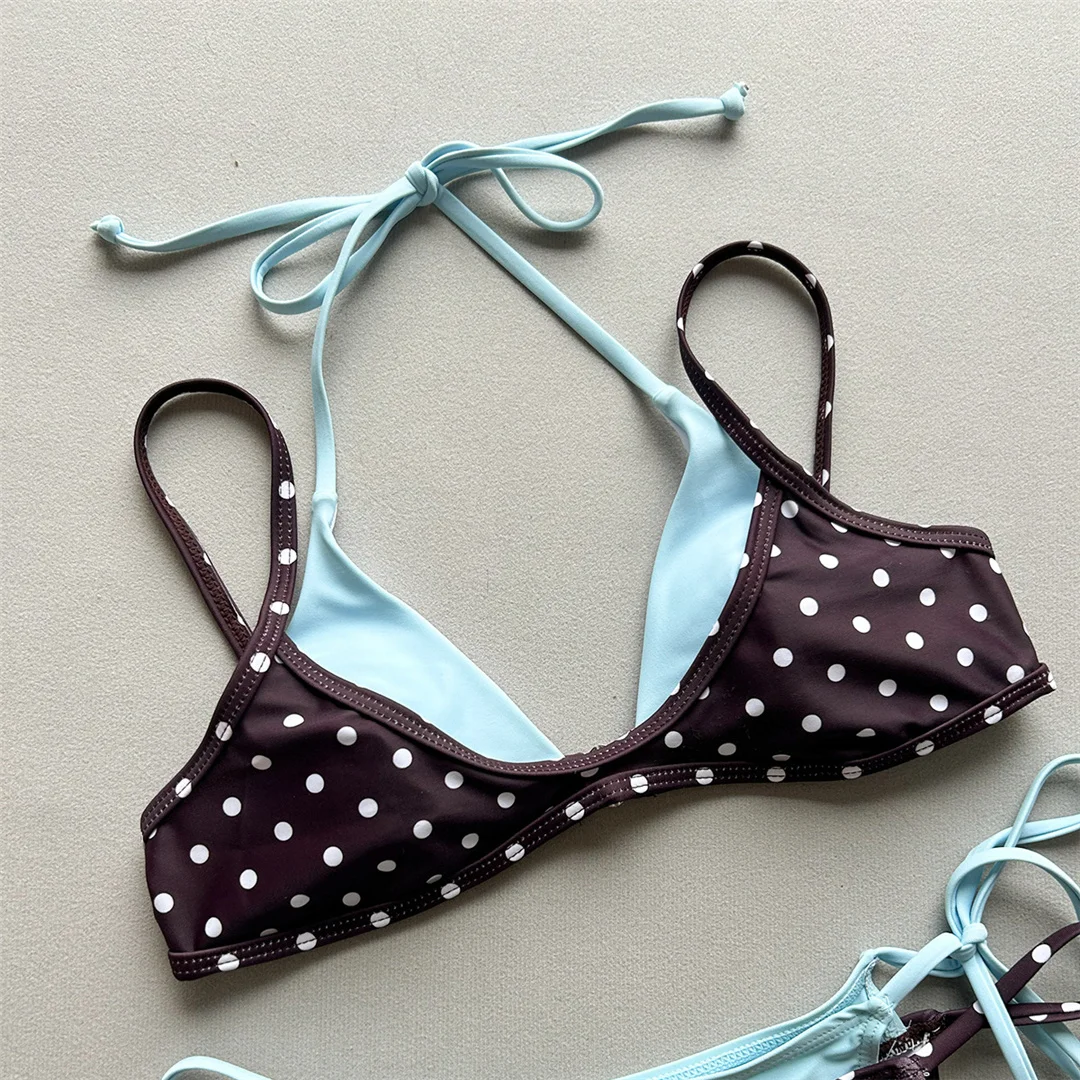 Sexy Polka Dot Plaid Neckholder-Bikini, Damen-Badeanzug, zweiteiliger Bikini-Set, Badeanzug mit Splicing-Design, Badebekleidung, Schwimmanzug V8027 – Detail 6