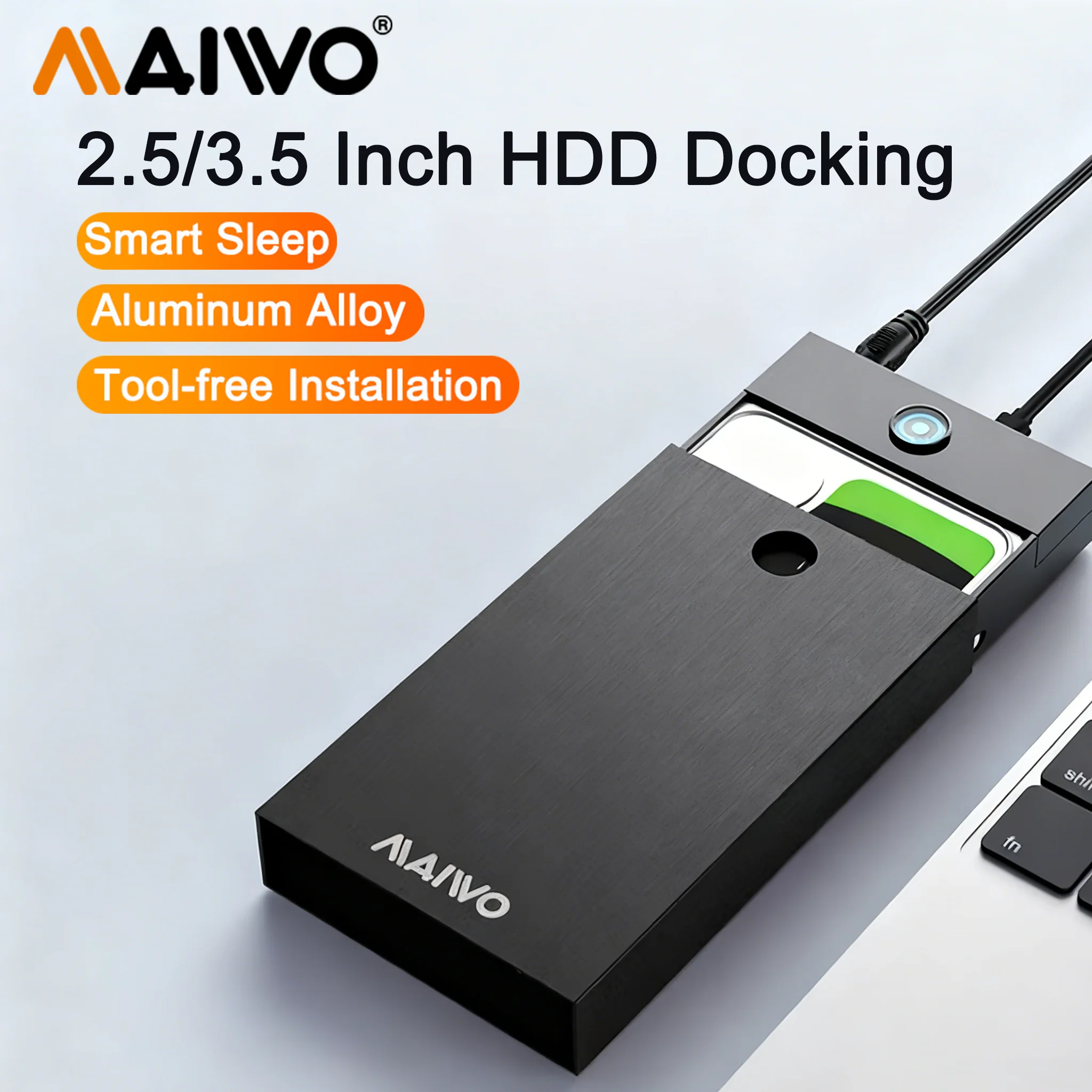 

MAIWO 2.5/3.5 inch SATA HDD SSD Enclosure USB 3.0 to SATA External Hard Drive Case with Type-C Adapter Tool-Free Design for PC