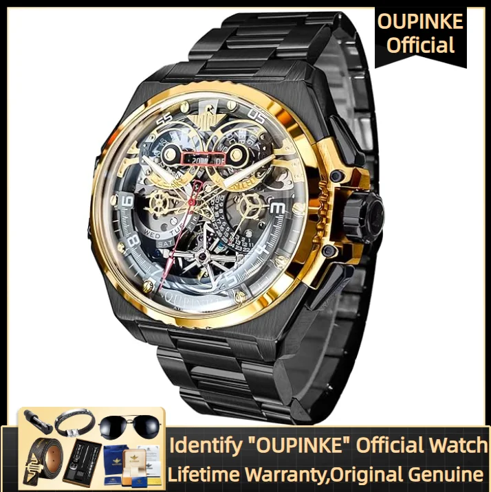 

OUPINKE 3266 Men's Watch Sapphire Mirror Hollow Skeleton Automatic Mechanical Watch Dual Calendar Display Men Watches