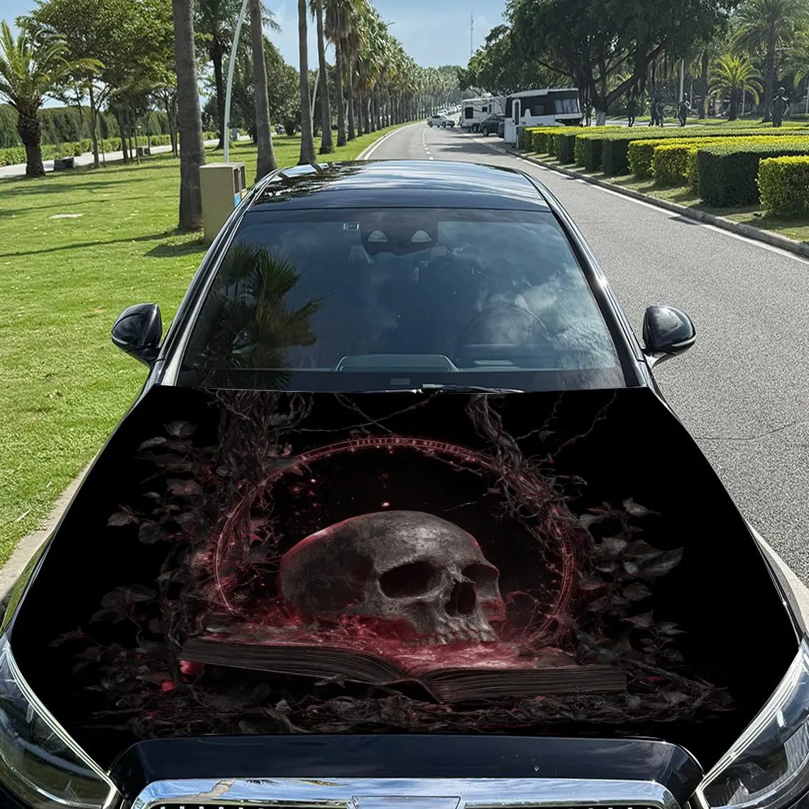 Skull, Magic Book and Red - Patterned Circle Car Vinyl Wrap, PVC Material Waterproof Car Hood Sticker, Self-Adhesive Scratch-Res