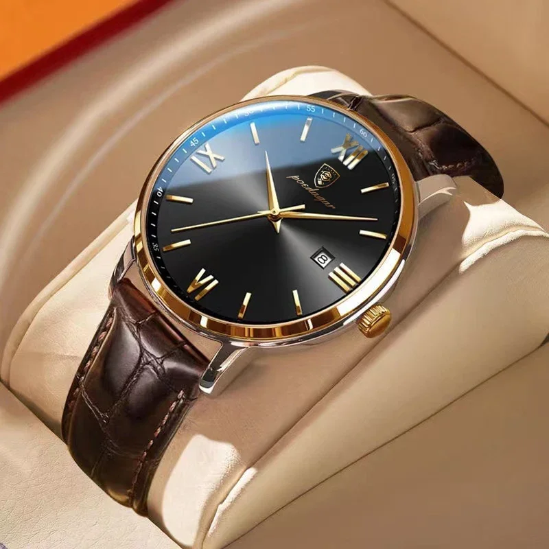 

POEDAGAR Mens Fashion Calendar Watch Top Brand Simple Luminous Waterproof Business Luxury Leather Men's WristWatch reloj hombre