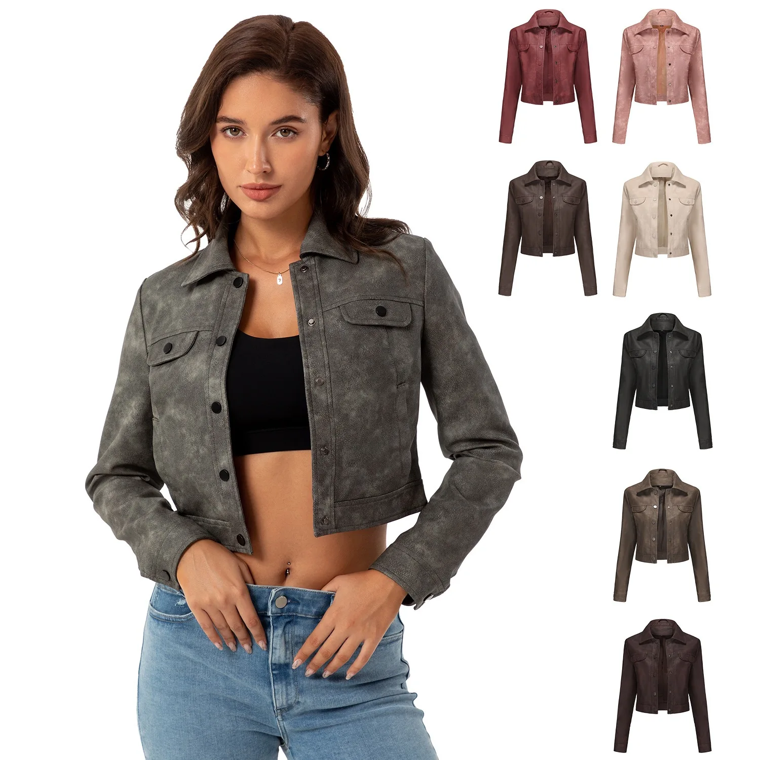 New Spring Autumn Women's Thin Multi-Pocket Cardigan Casual Fashionable Daily Leather Jacket
