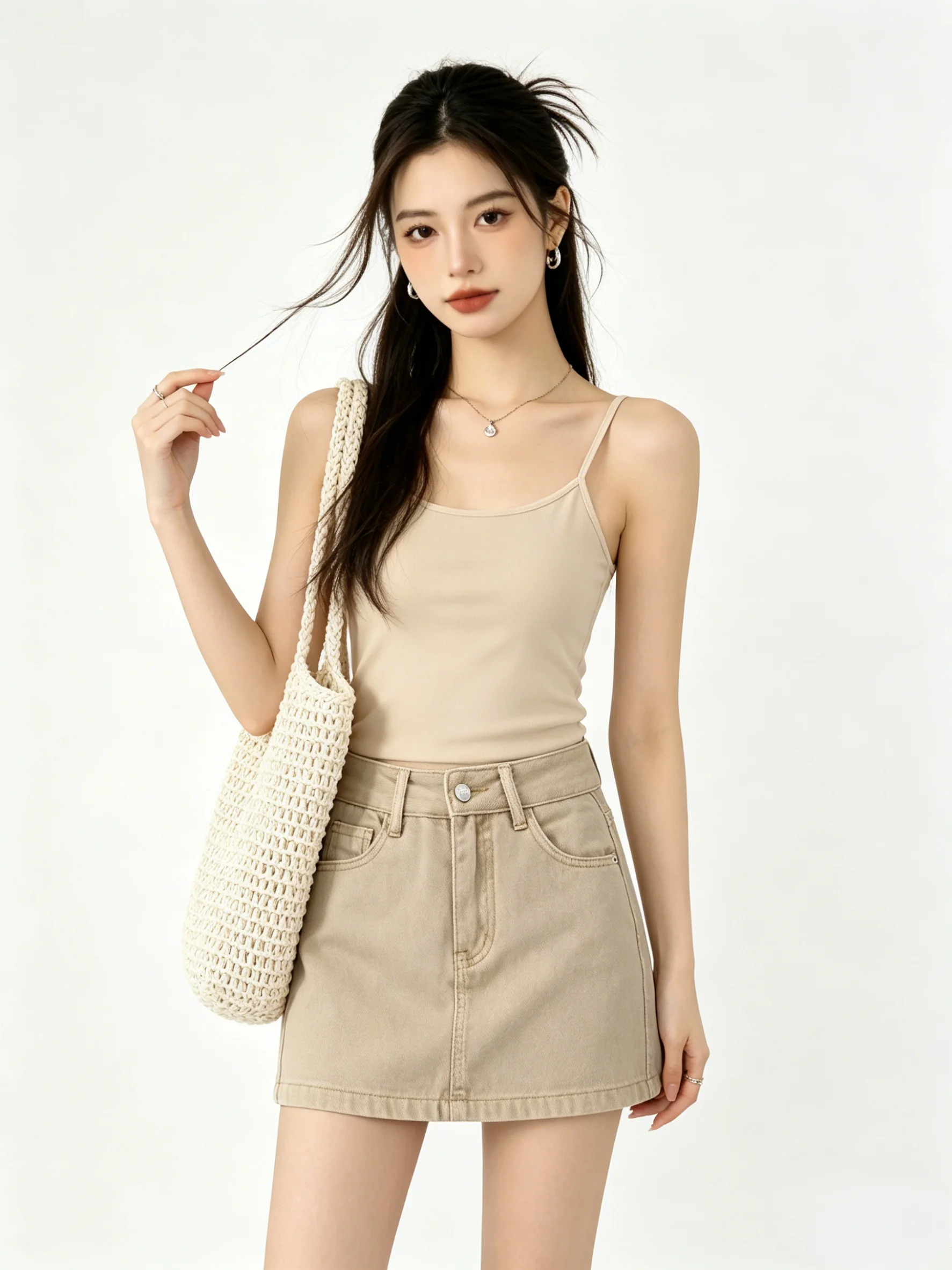 Retro Khaki A-Line  Skirt Embroidery Design Commute Style Women's High Waist Slimming Summer Versatile Short Skirt