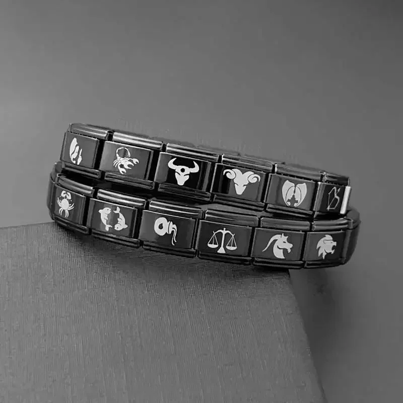 

New Charm Italian Stainless Steel Bracelet 9mm Black Module DIY Splicing 12star Constellation Totem Handsome Cool Custom Jewelry