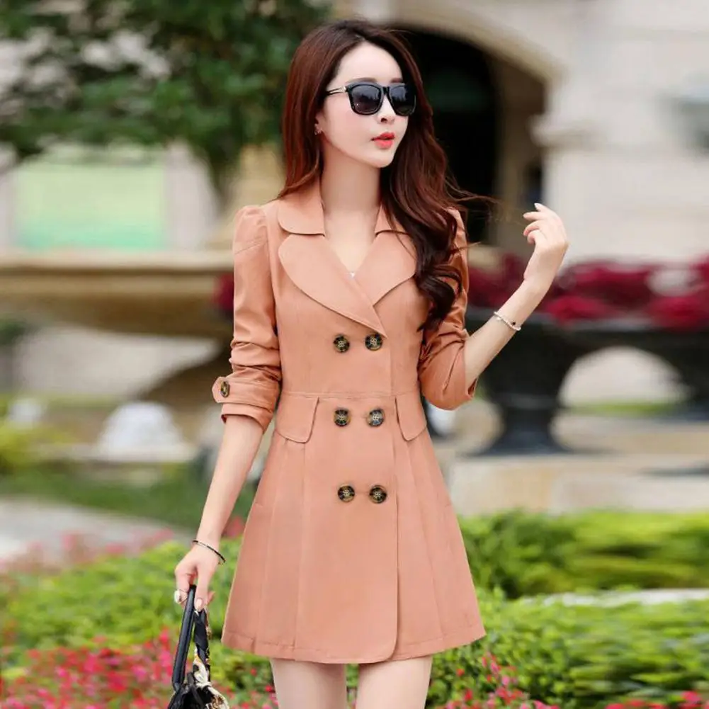 Mid Length Trench Coat Stylish Mid-length Double-breasted Women's Jacket Solid Color Pleated A-line for Fall/winter for Home