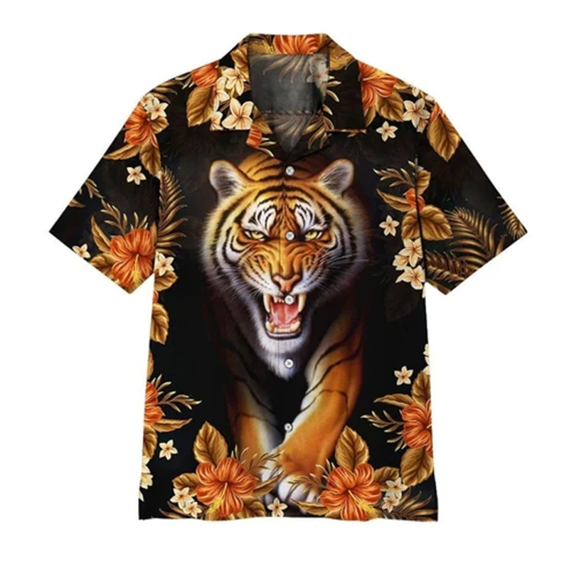 Social Shirt Everyday Men\'s Shirts 3D Animal Printed Short Sleeve Tiger Print Blouse Casual Tees Oversized Male Clothing Tops