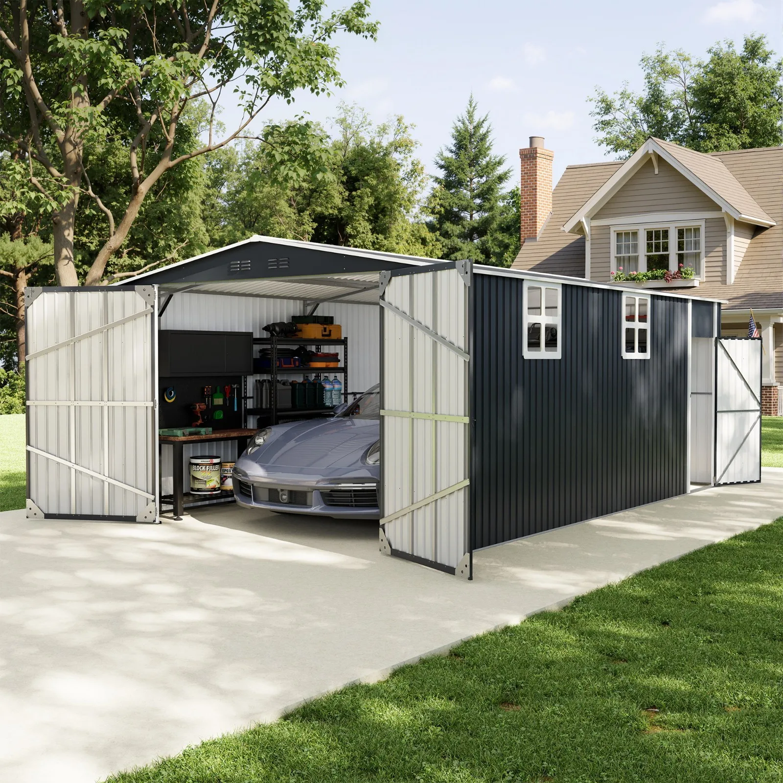 Metal Outdoor Storage Garden Tool Steel Shed with Windows,Dual-Access