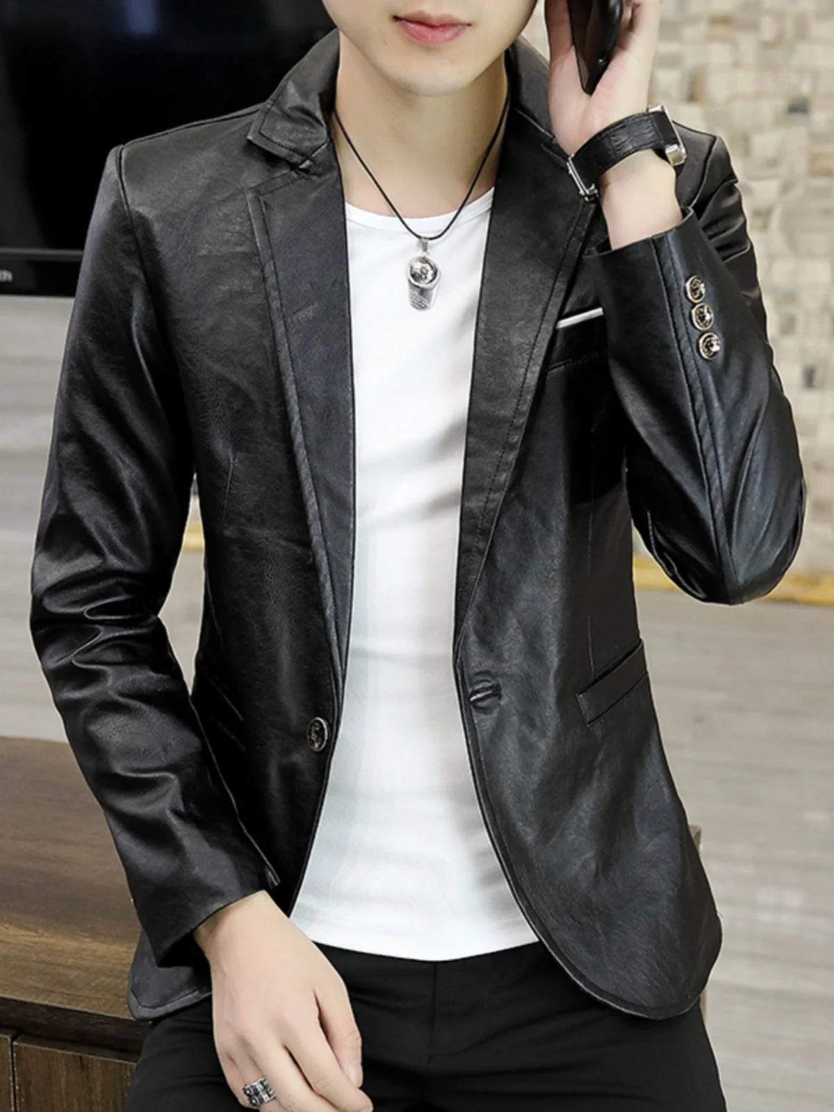 

Мужская кожаная куртка Slim Fit из искусственной кожи, однотонная, весенне-осенняя, молодежная, стильная, из ПУ кожи