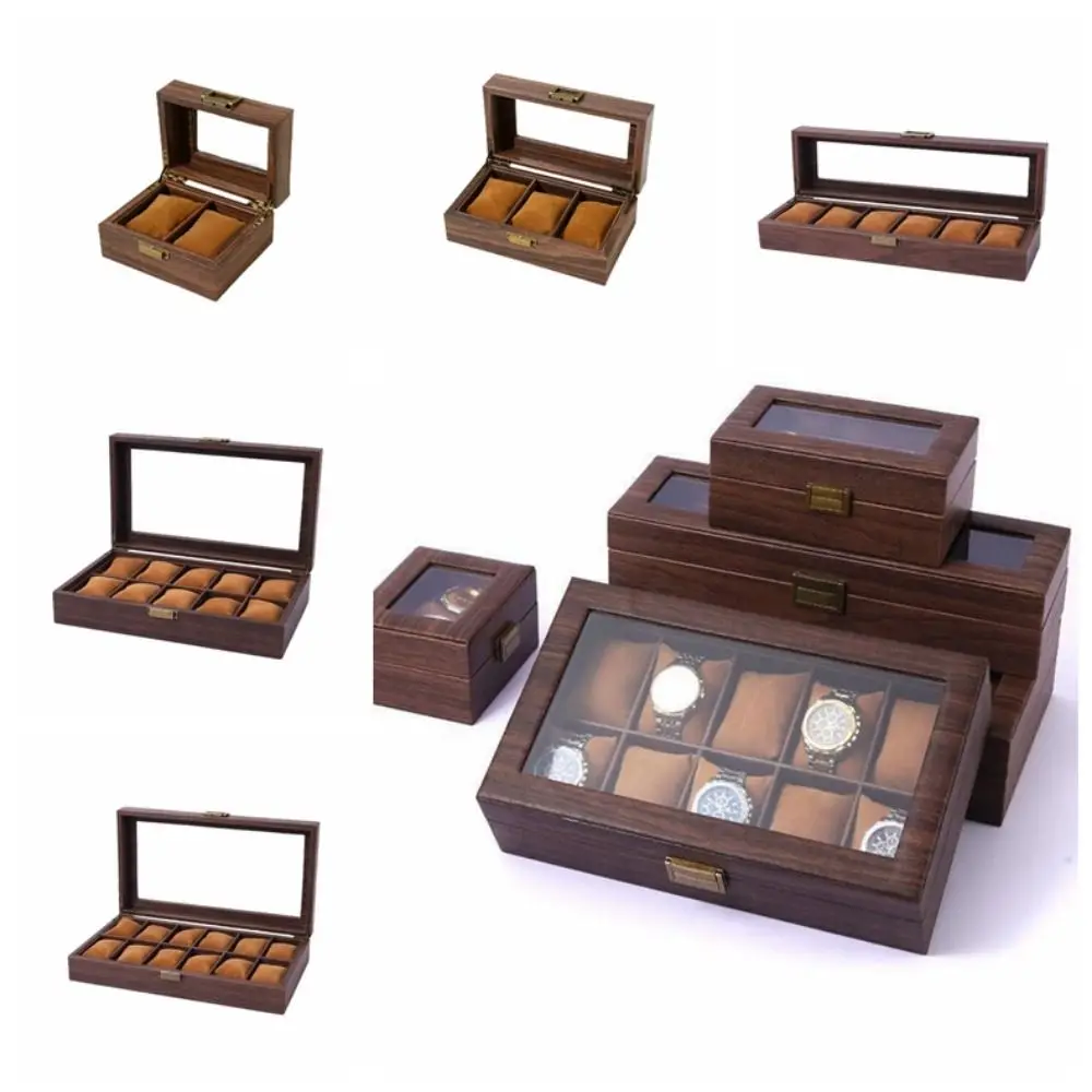 Vintage Watch Collection Box Wood Grain Brown Watch Bracelet Display Case Equipped with Buckle Lock Durable