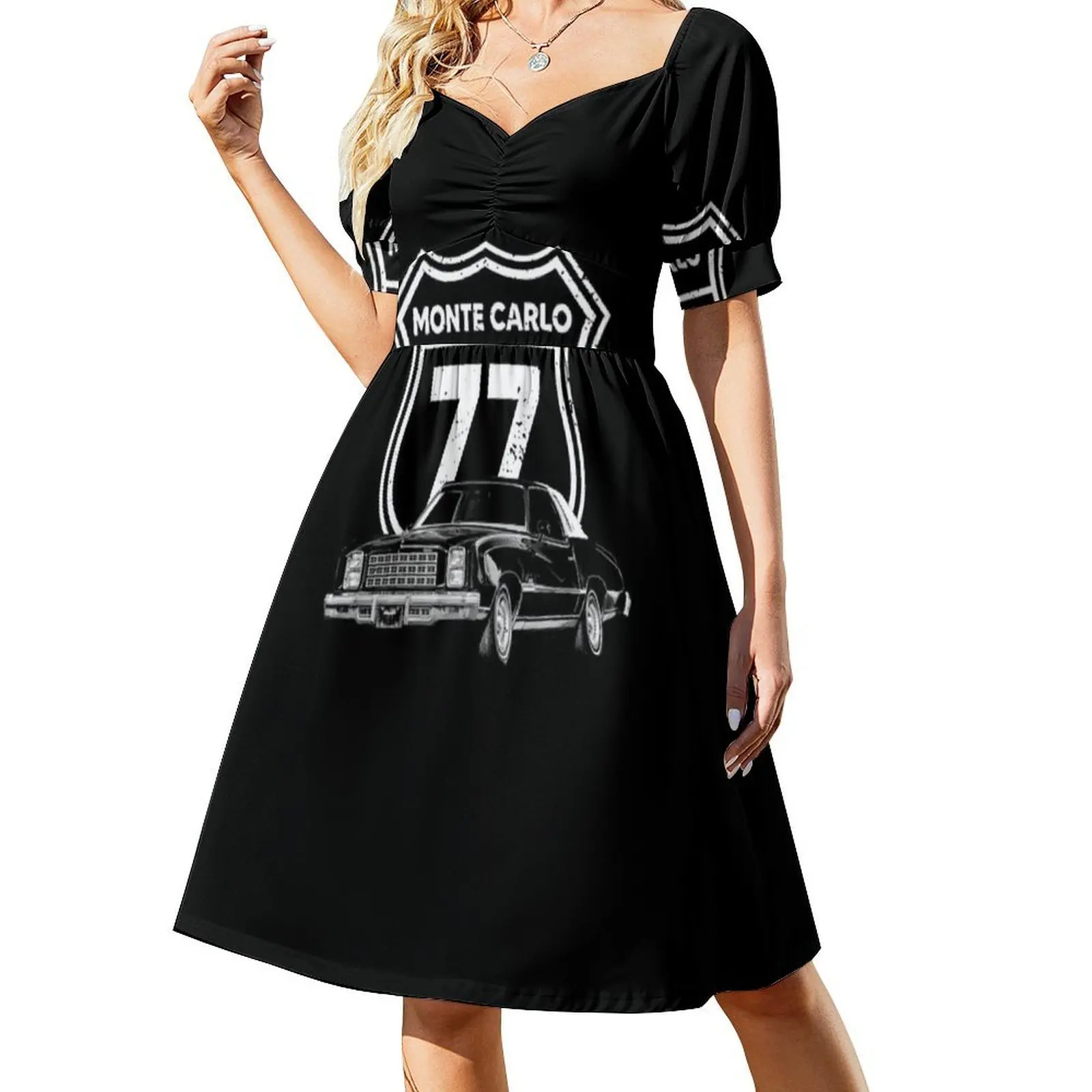 1977 مونت كارلو جبهة ثلاثة أرباع عرض مع نموذج الأزهار سموك فستان للنساء الربيع الصيف فستان كاجوال للحزب 1977
