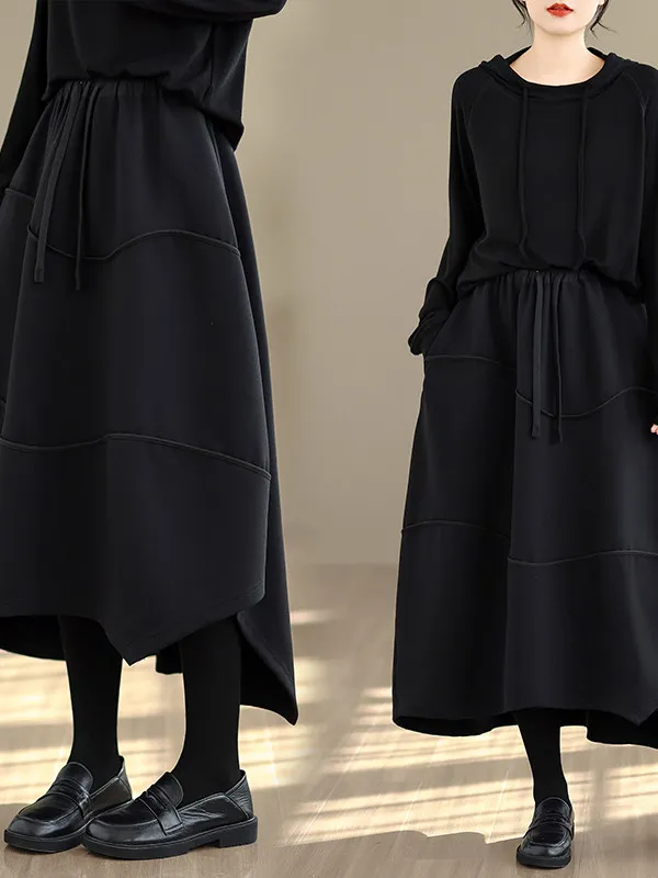 

High Waist Commuter Casual Mid-Length Overhead Loose A-Line Skirt round Ne Bla Dstring Versatile Skirt