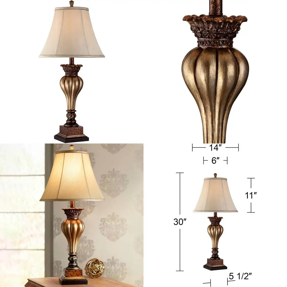 مصباح طاولة تقليدي بطول 30 طويلًا مع صورة ظلية مزهرية ذهبية وغطاء جرس أسمر لديكور المنزل #1