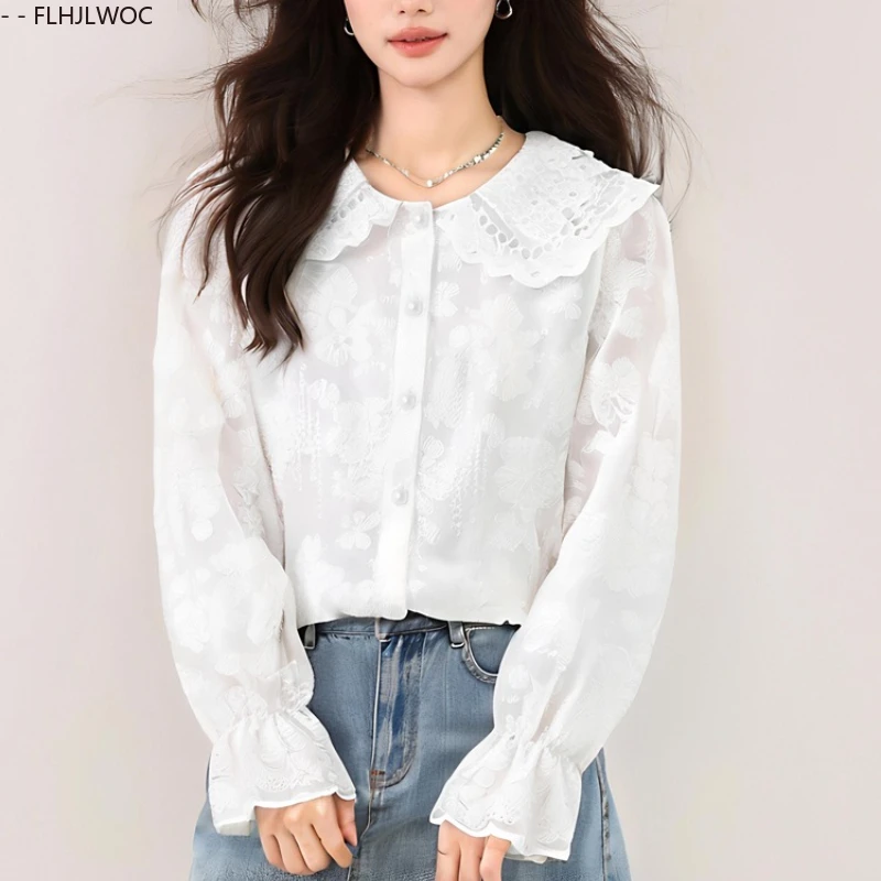 Podstawowe Koszule Bluzki Gorąca Wyprzedaż Jesień 2025 Damskie Eleganckie Koreański Styl Preppy Rozkloszowane Rękawy Kołnierzyk Peter Pan Biała Koszula na Guziki z Koronką