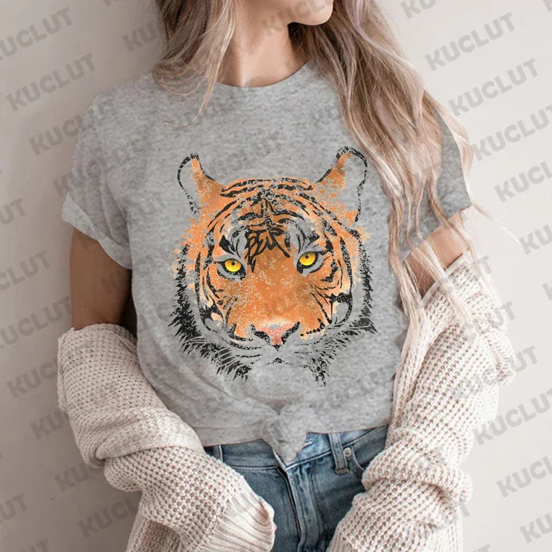 Short Sleeve Casual Ladies Fashion Female T-shirt Tropical Jungle Vintage Graphic Tee Women Grunge Tiger Print Summer T Clothing