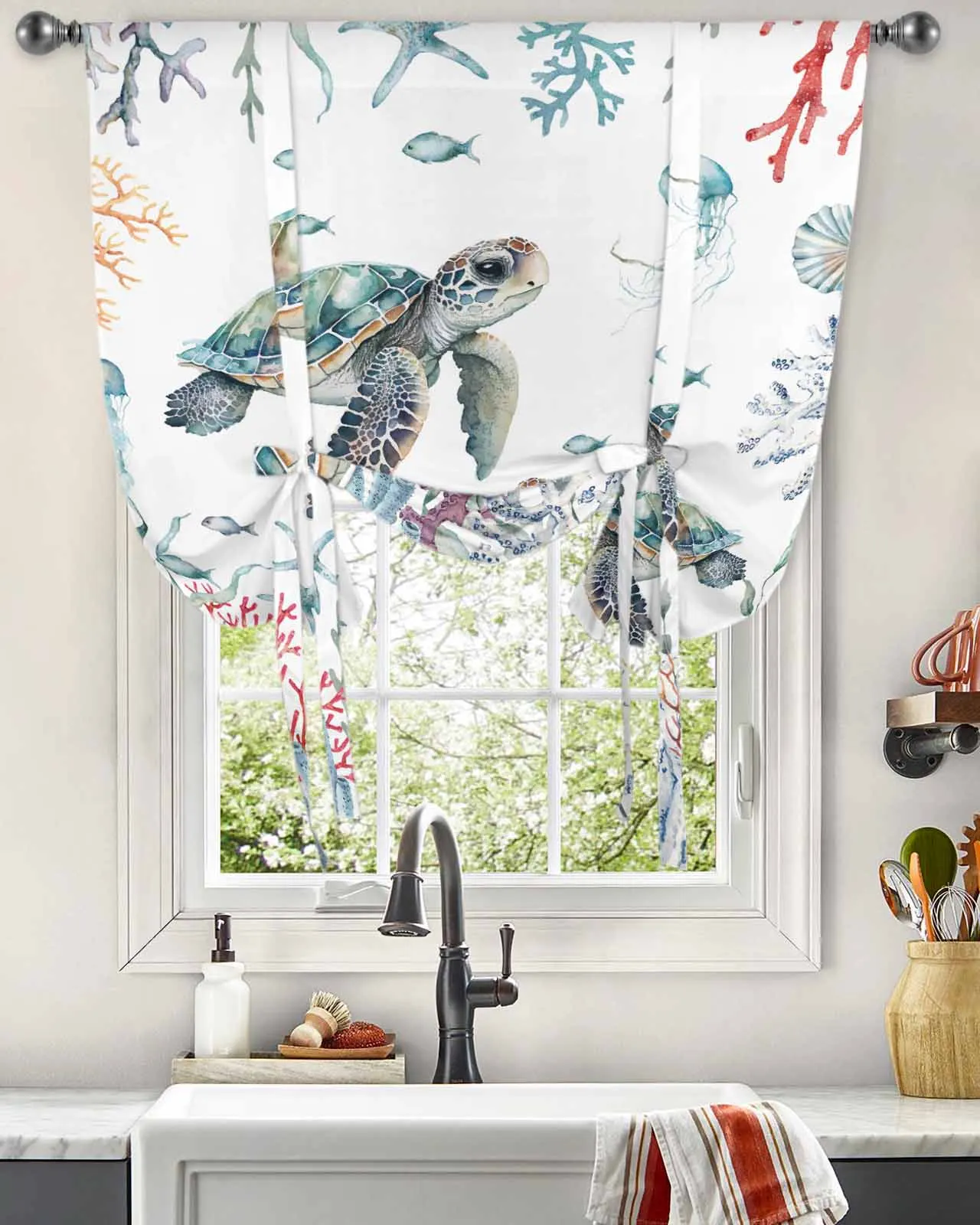 

Summer Sea Life Coral Sea Turtle Window Curtains Tie Up Curtains for Kitchen Living Room Adjustable Rod Pocket Valances