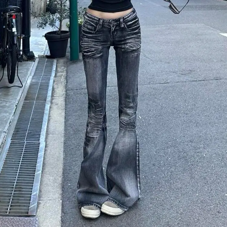 Damskie jeansy dzwony z niskim stanem w stylu Dark Academia na jesień 2025, vintage, Abi Y2k, Harajuku, spodnie dżinsowe, streetwearowe spodnie dzwony